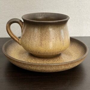 Denby Cup and Saucer Set Vintage Stoneware England Speckled Brown Tan